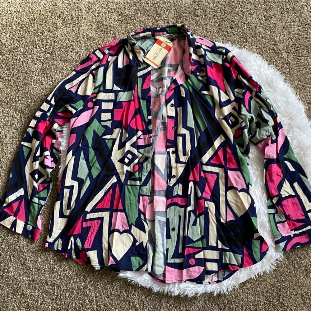 Big Dart Button Down Multicolor Top Abstract Print Retro New Womens Size XXL‎